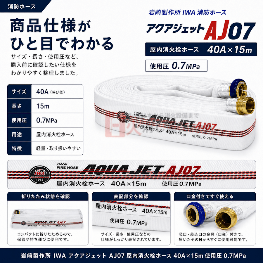 岩崎製作所 ※20本以上！ 屋内消火栓ホース 40A×15m 0.7Pa 町野式